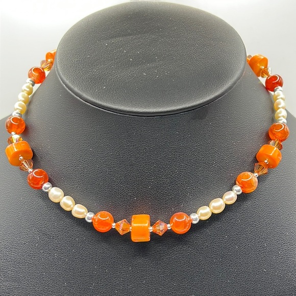CORAL, FIRE AGATE, PEARL, CRYSTAL & STERLING SILVER ARTISAN CHOKER NECKLACE - Picture 1 of 11